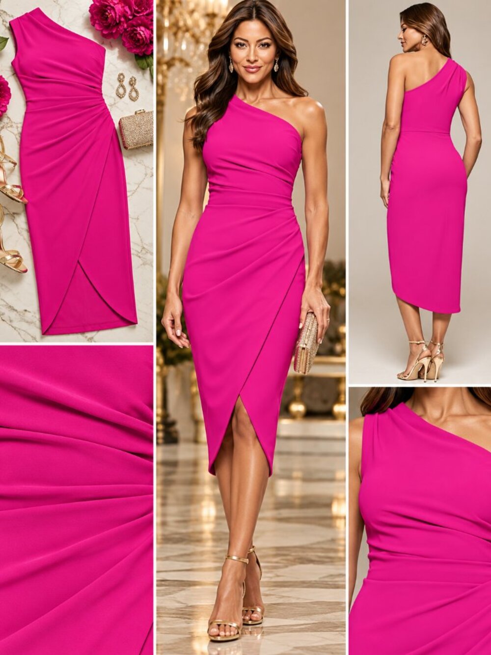 XSCAPE One Shoulder Ruched Wrap Midi Dress Fuchsia Pink Size 6 NWT